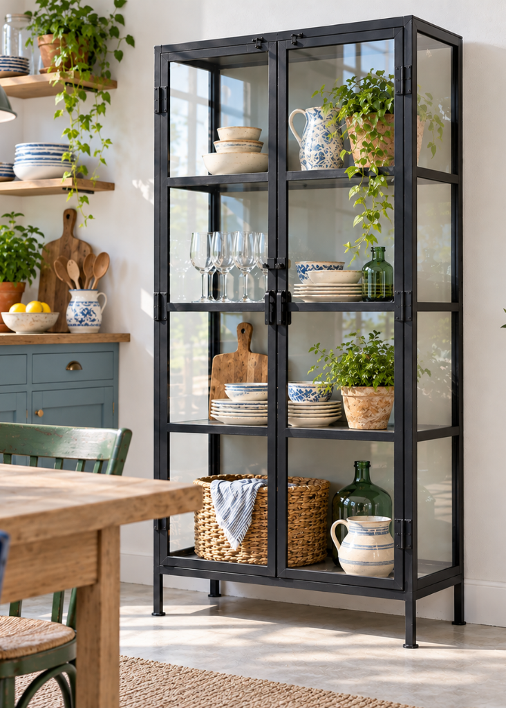 Schwarze Metallvitrine im rustikalen Industriedesign mit zwei Glastüren, ideal für moderne Loft-Einrichtungen.