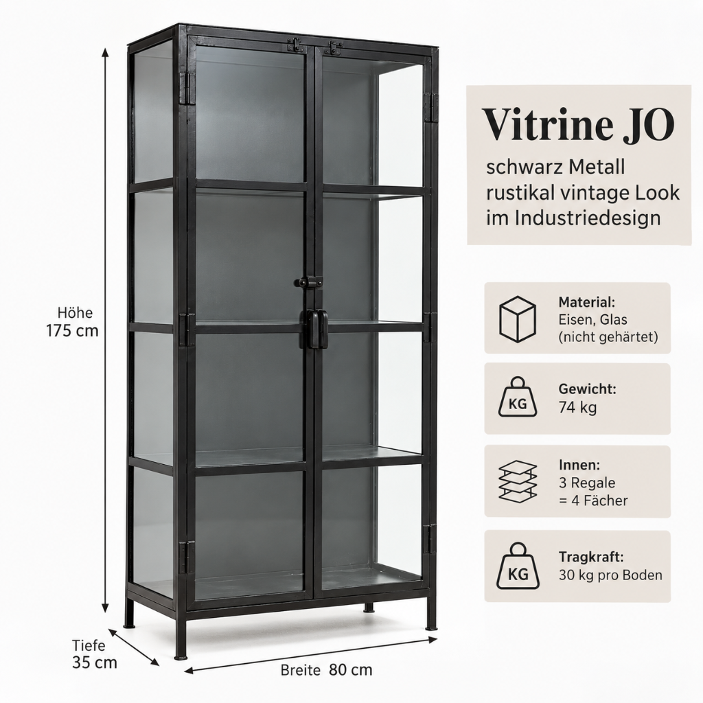 Industrial Vitrine mit zwei Glastüren, schwarzen Metallrahmen und großzügigem Stauraum für Geschirr und Dekoration.