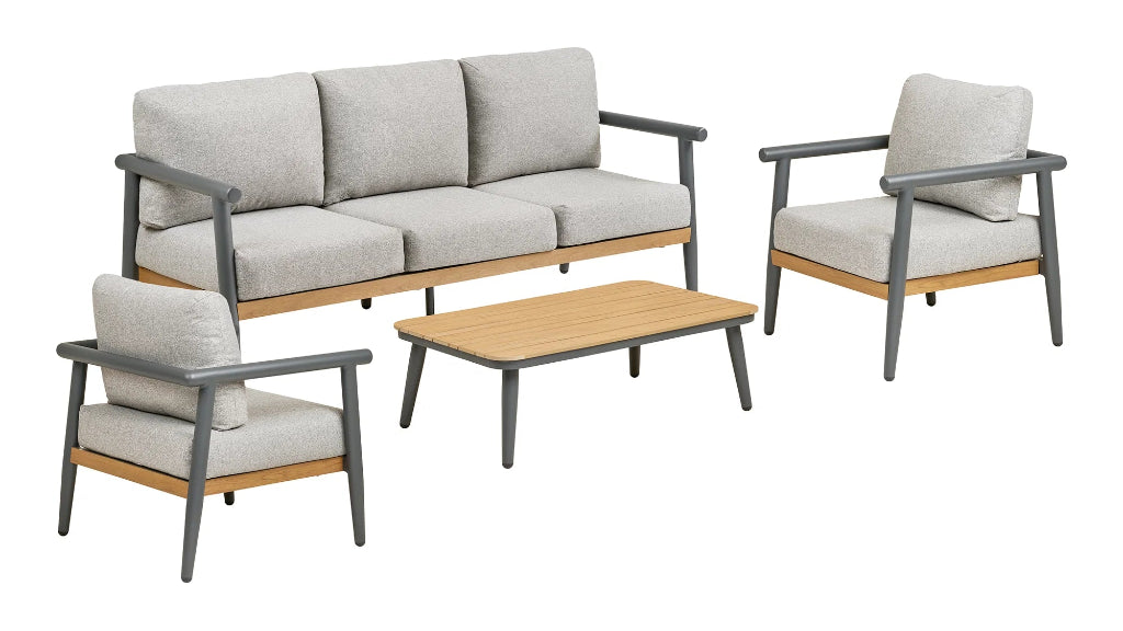 Gartenmöbel Lounge mit graubeigen Sitzkissen