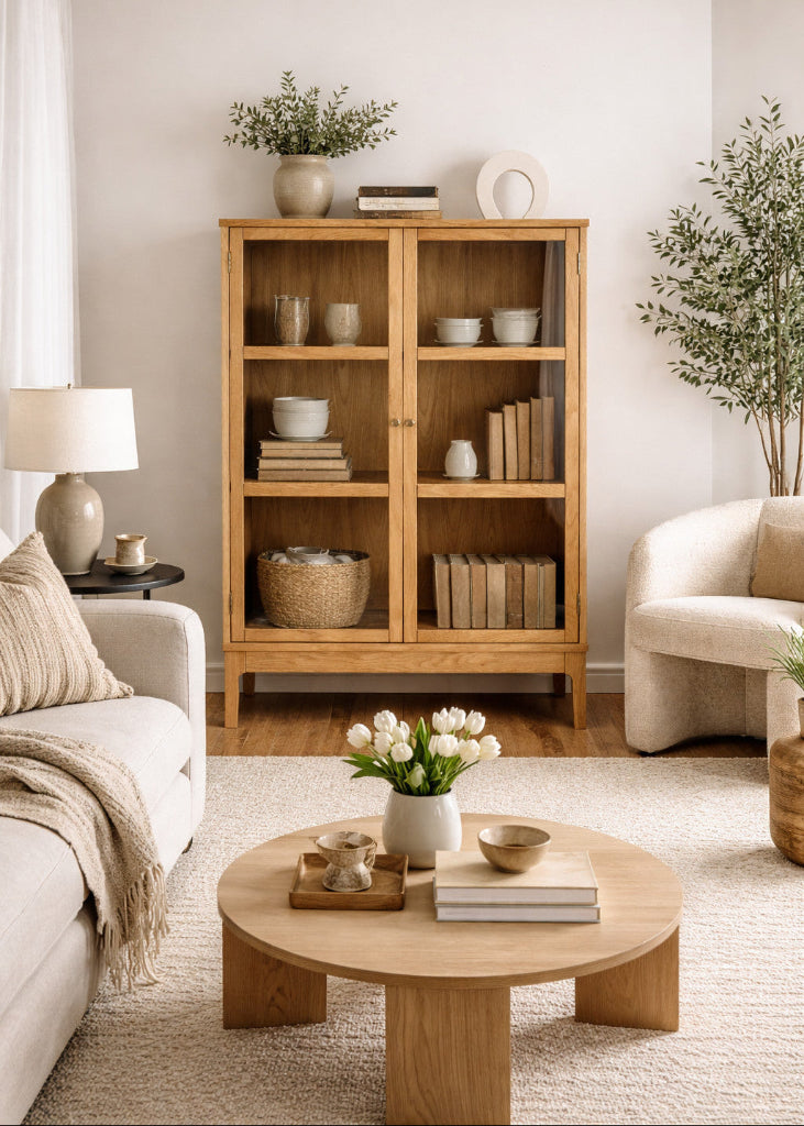 Moderne Holz Vitrine im nordischen Skandi-Landhaus Look