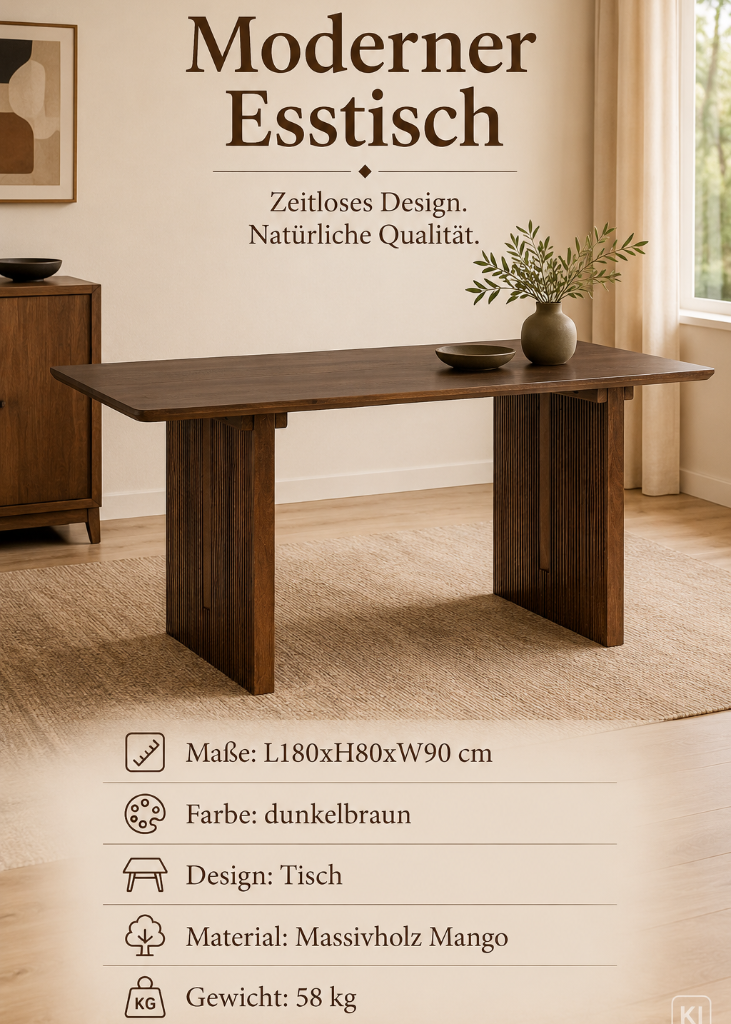 Moderner Esstisch aus massivem Mangoholz in Dunkelbraun 180 x 90 cm – hochwertiger Design Esstisch für Esszimmer, Wohnküche und modernes Wohnen.