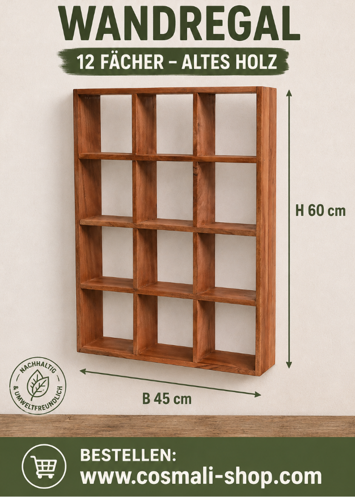 Handgefertigtes Altholz Wandregal 60x45 cm – dekoratives Regal mit 12 Fächern aus massivem Recyclingholz im Vintage Look