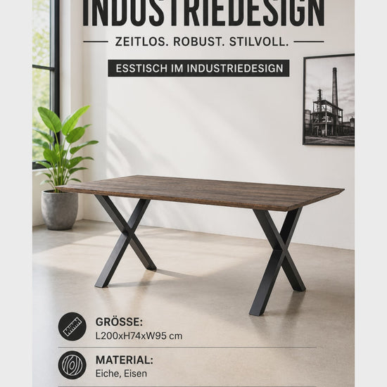 Industrial Esstisch LOLA aus dunkler Eiche mit markanten X-Metallbeinen – moderner Design-Esstisch 200 x 95 cm für stilvolle Esszimmer.