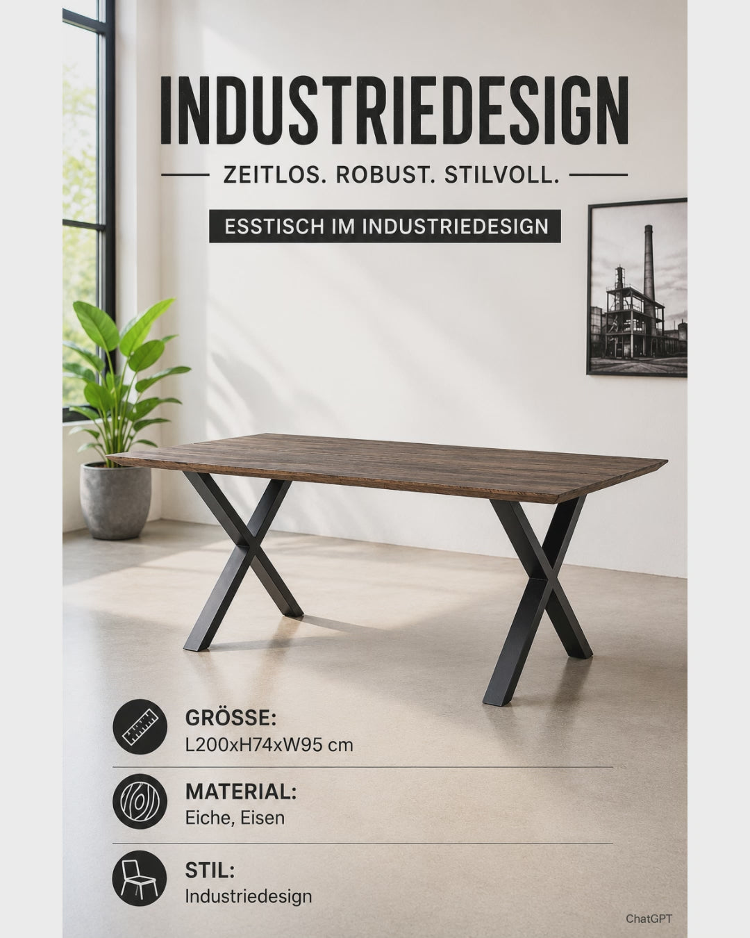 Industrial Esstisch LOLA aus dunkler Eiche mit markanten X-Metallbeinen – moderner Design-Esstisch 200 x 95 cm für stilvolle Esszimmer.