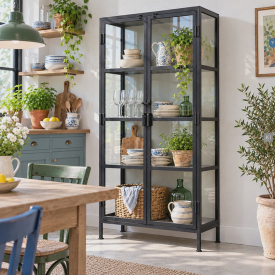 Hoher Vitrinenschrank aus schwarzem Eisen und Glas im Vintage-Look für Wohnzimmer und Esszimmer.