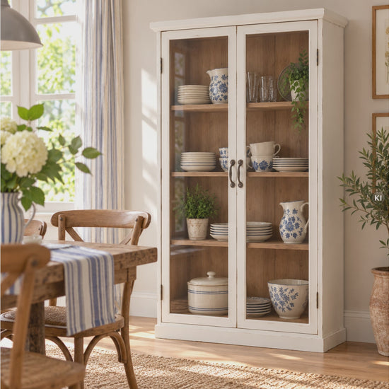 Weiße Shabby Chic Vitrine SAIKA im hellen Landhaus-Esszimmer, dekoriert mit schönem Porzellan, Gläsern und Wohnaccessoires.