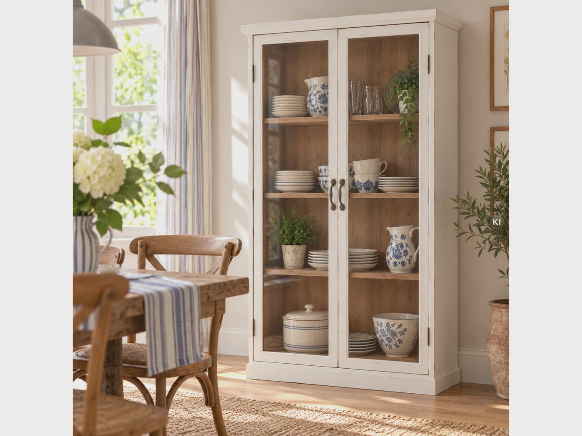 Weiße Shabby Chic Vitrine SAIKA im hellen Landhaus-Esszimmer, dekoriert mit schönem Porzellan, Gläsern und Wohnaccessoires.