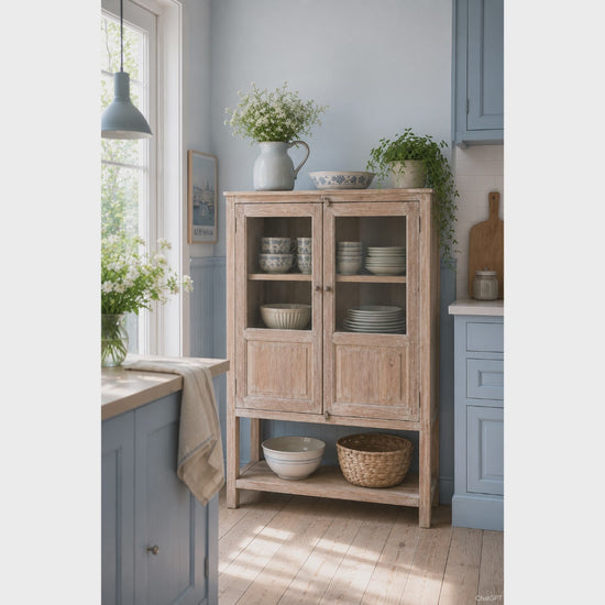 Massivholz Vitrine im Landhausstil mit natürlicher Holzfarbe und praktischem Stauraum für Geschirr und Dekoration.