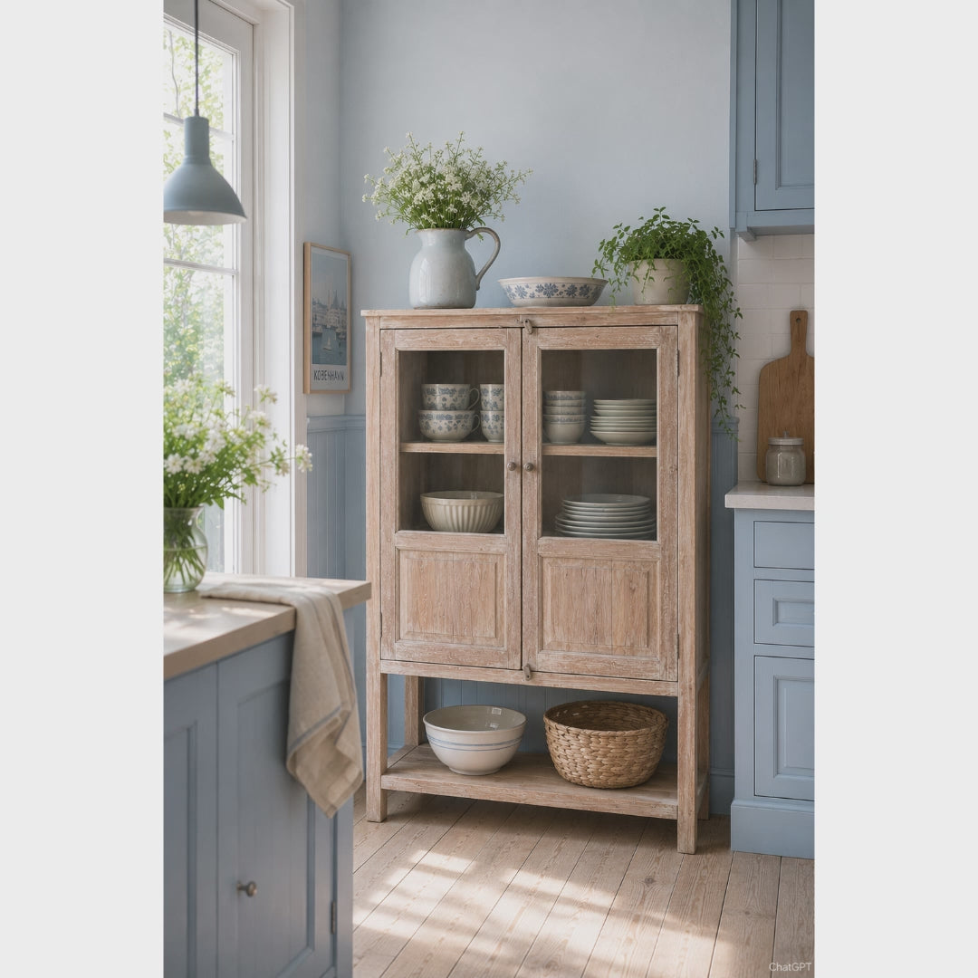 Massivholz Vitrine im Landhausstil mit natürlicher Holzfarbe und praktischem Stauraum für Geschirr und Dekoration.