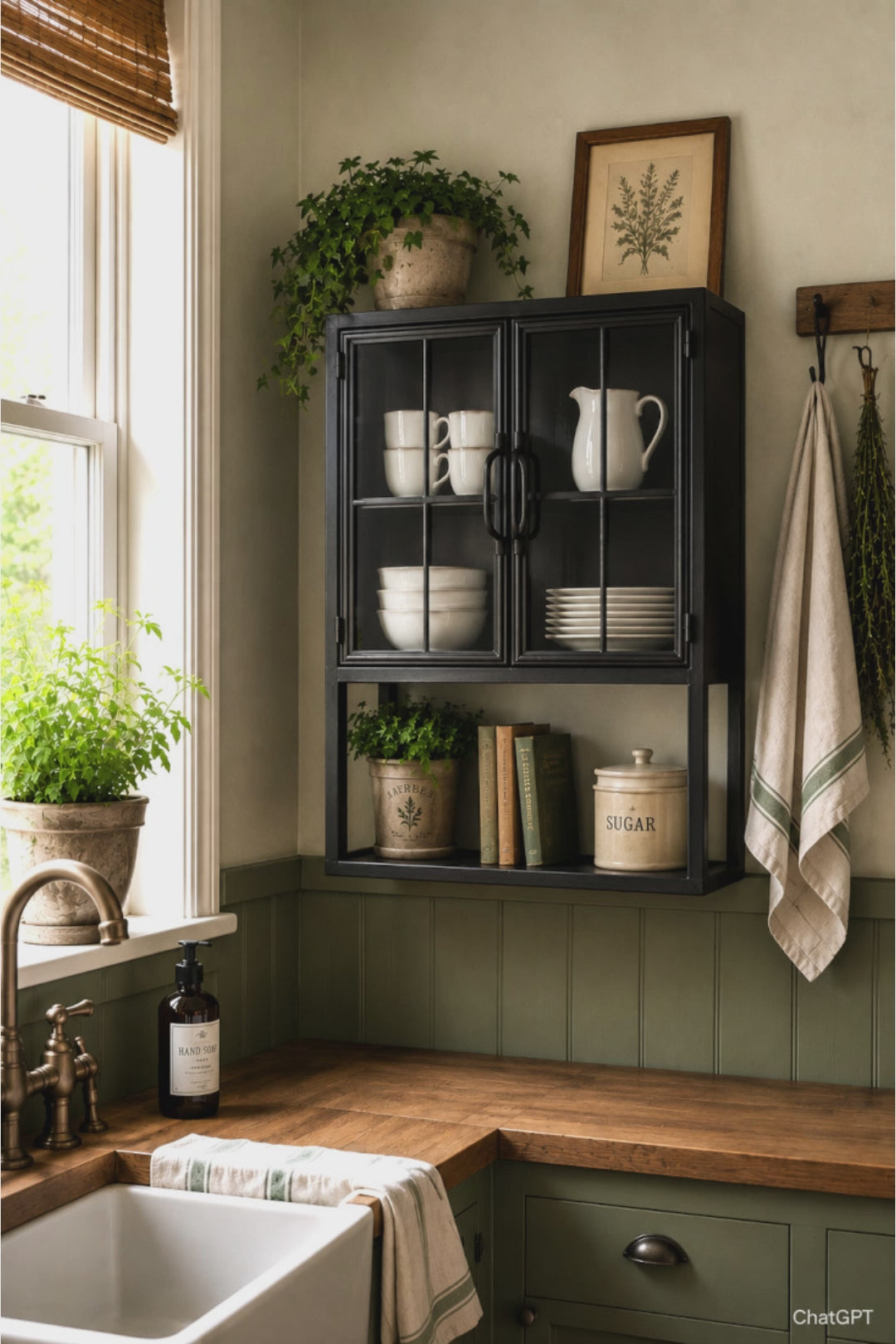 Wandvitrine schwarz Metall mit Unterregal – Industrial Landhausstil