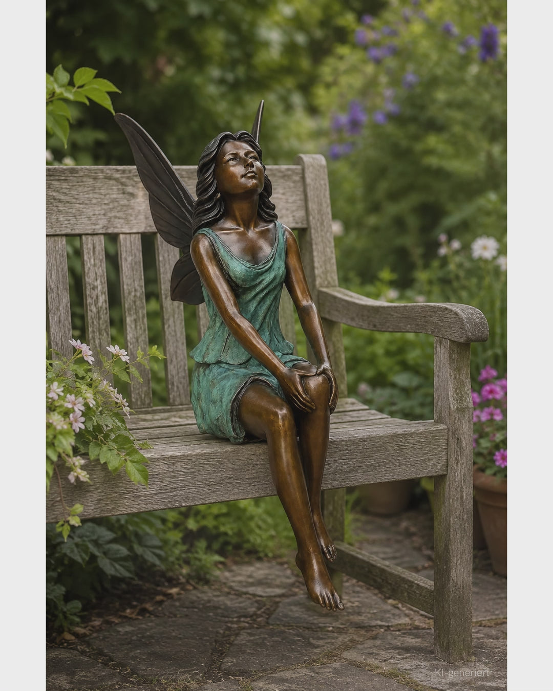 Bronze-Elfe mit filigranen Flügeln als elegante Wohn- und Gartendekoration in hochwertiger Bronze mit antikgrüner Oberfläche.