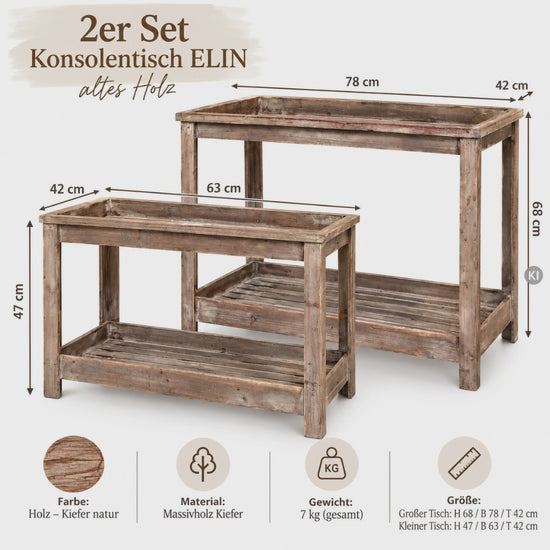 Konsolentisch ELIN aus Massivholz Kiefer – zwei unterschiedlich große Beistelltische aus altem Holz im Vintage Look.