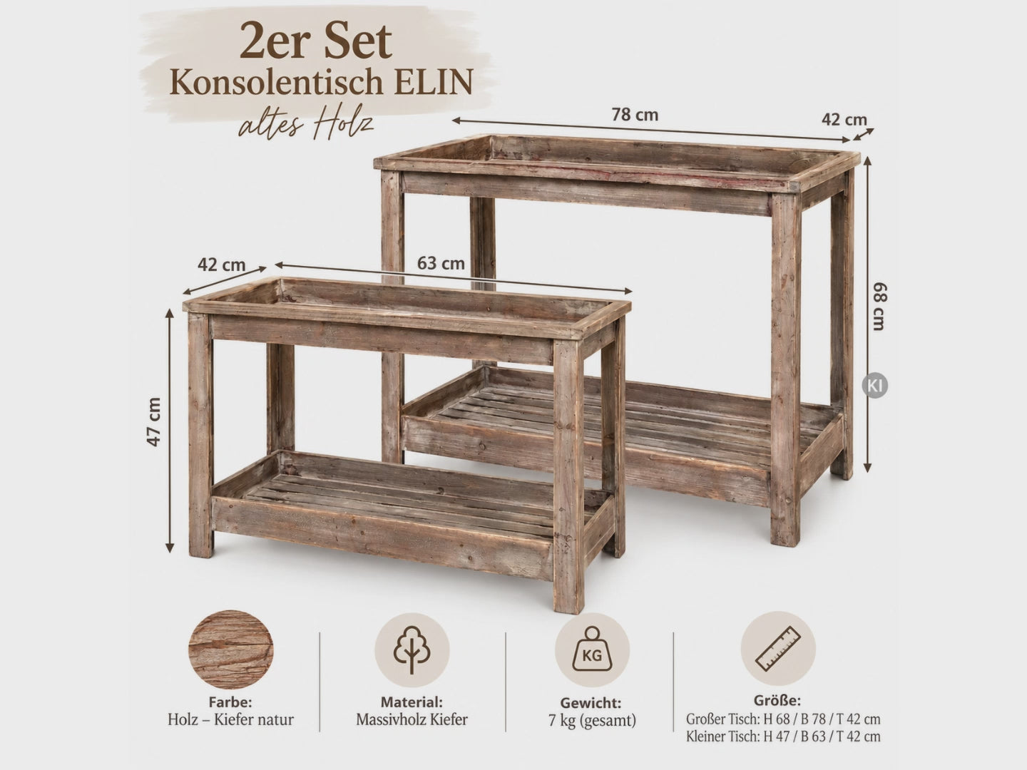 Konsolentisch ELIN aus Massivholz Kiefer – zwei unterschiedlich große Beistelltische aus altem Holz im Vintage Look.