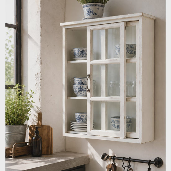 Kleine weiße Wandvitrine im Vintage-Look – hochwertiger Landhaus-Wandschrank für stilvolle Aufbewahrung und dekorative Präsentation im Zuhause oder Laden.