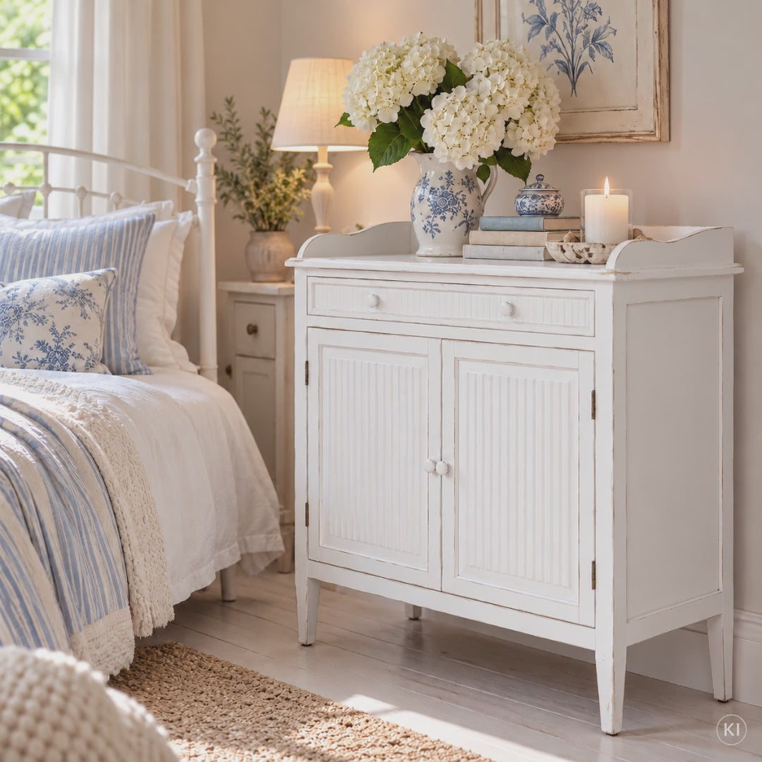 Weiße Landhaus Kommode LELA 83 cm mit Rillenverzierung, einer Schublade und zwei Türen im romantischen Shabby Chic Stil.
