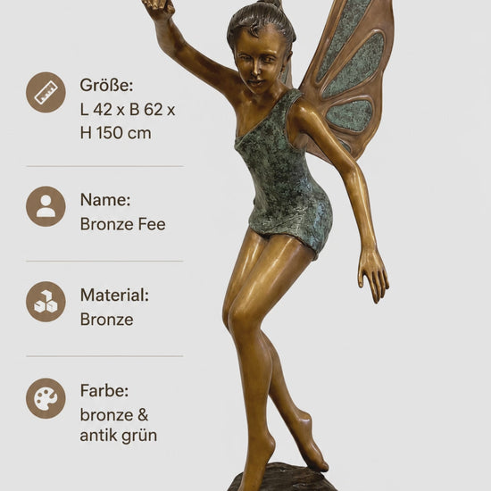 Elegante Bronze Fee aus massiver Bronze mit antik grünen Flügeln, 150 cm hohe Gartenfigur als exklusiver Blickfang für Eingangsbereich, Terrasse oder Parkanlage.