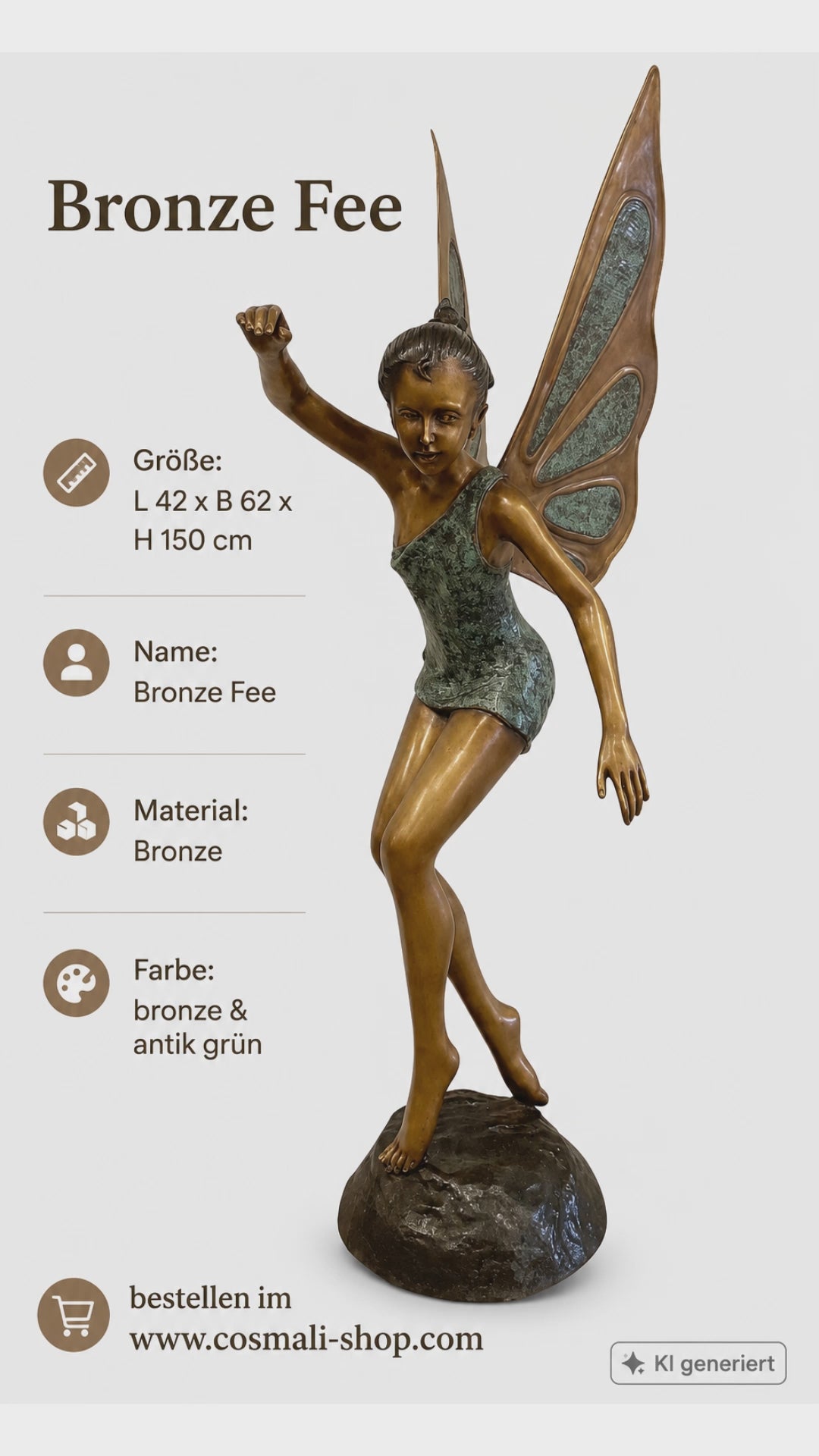 Elegante Bronze Fee aus massiver Bronze mit antik grünen Flügeln, 150 cm hohe Gartenfigur als exklusiver Blickfang für Eingangsbereich, Terrasse oder Parkanlage.
