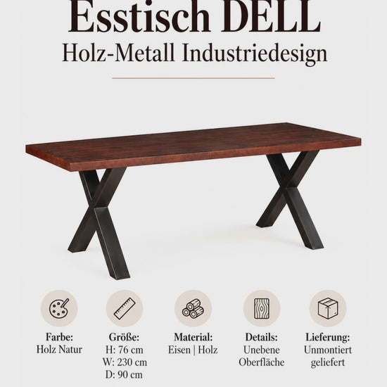 Großer Holz Esstisch mit Metallgestell 230 cm für Esszimmer, Loft und moderne Wohnräume