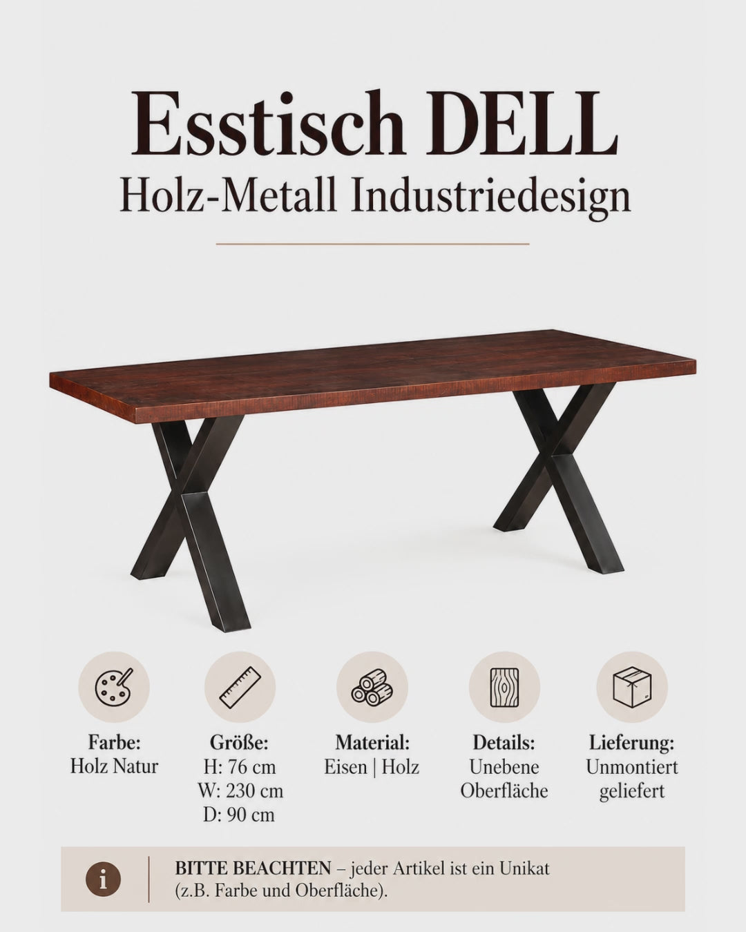 Großer Holz Esstisch mit Metallgestell 230 cm für Esszimmer, Loft und moderne Wohnräume