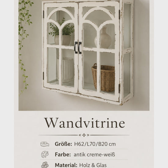 Vintage Landhaus Esszimmer mit weißer Wandvitrine aus Holz und Glas sowie blau-weißen Tassen und Tellern.