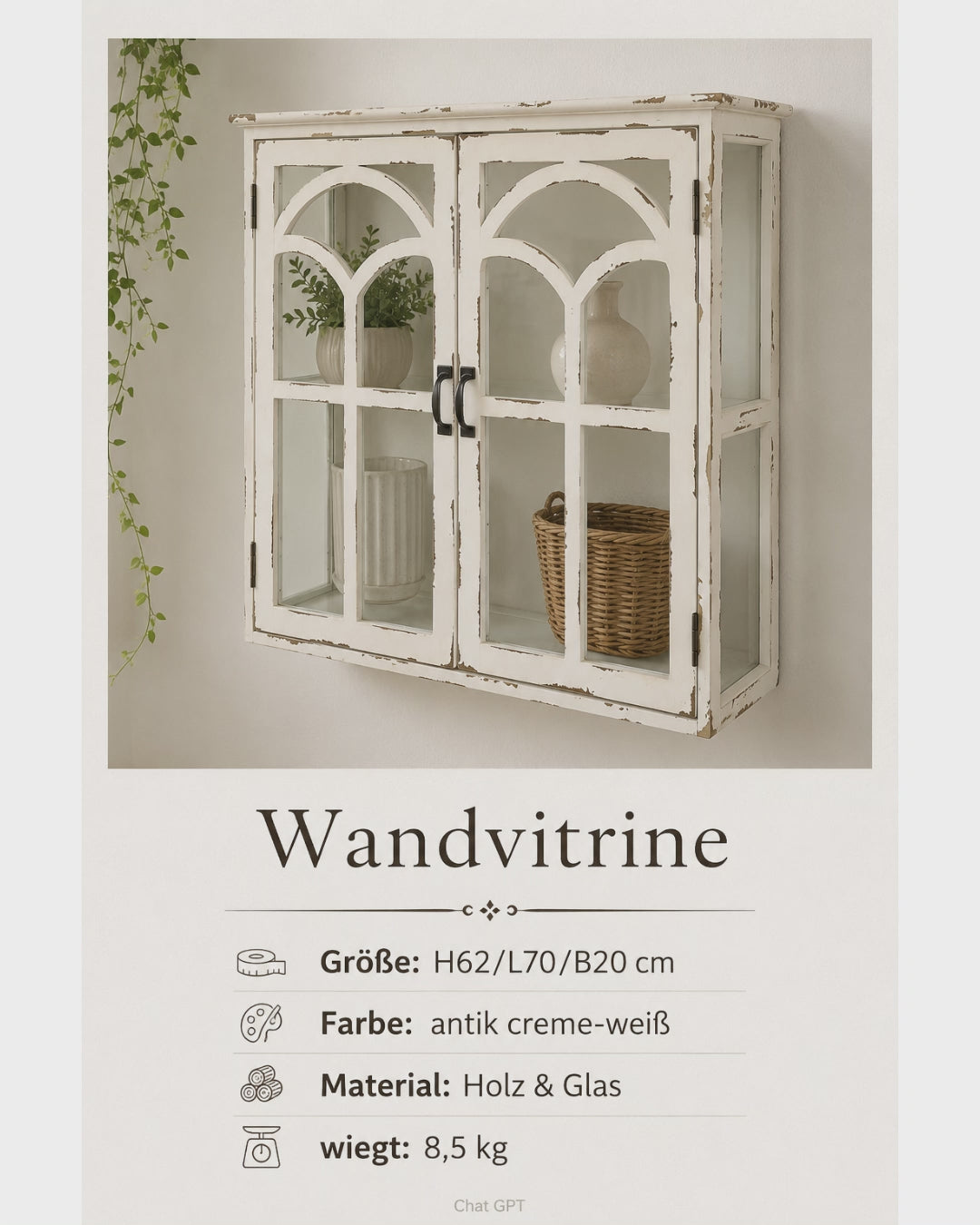 Vintage Landhaus Esszimmer mit weißer Wandvitrine aus Holz und Glas sowie blau-weißen Tassen und Tellern.