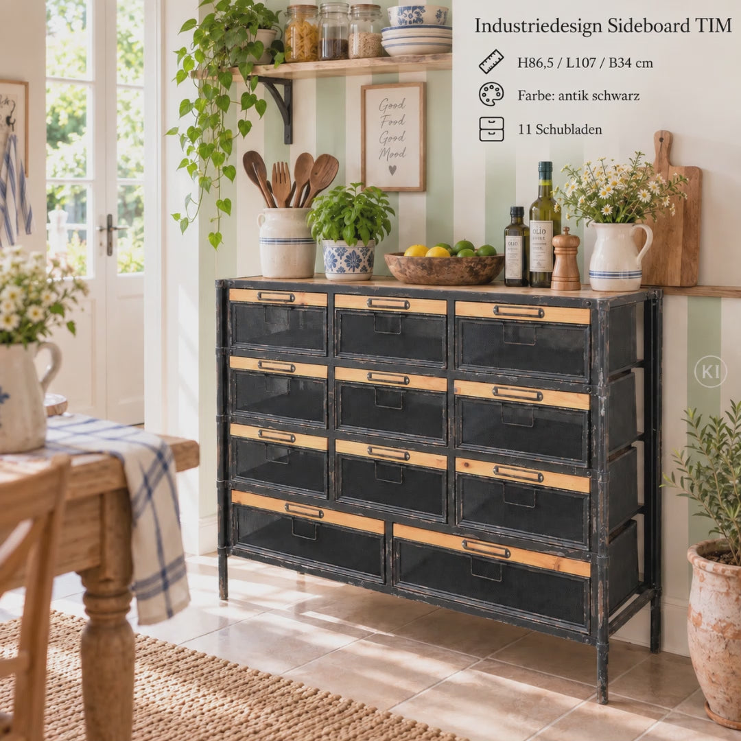 Schwarze Industrial Kommode TIM aus Holz und Metall mit 11 Schubladen, 23 kg Gewicht und charaktervoller antiker Optik.