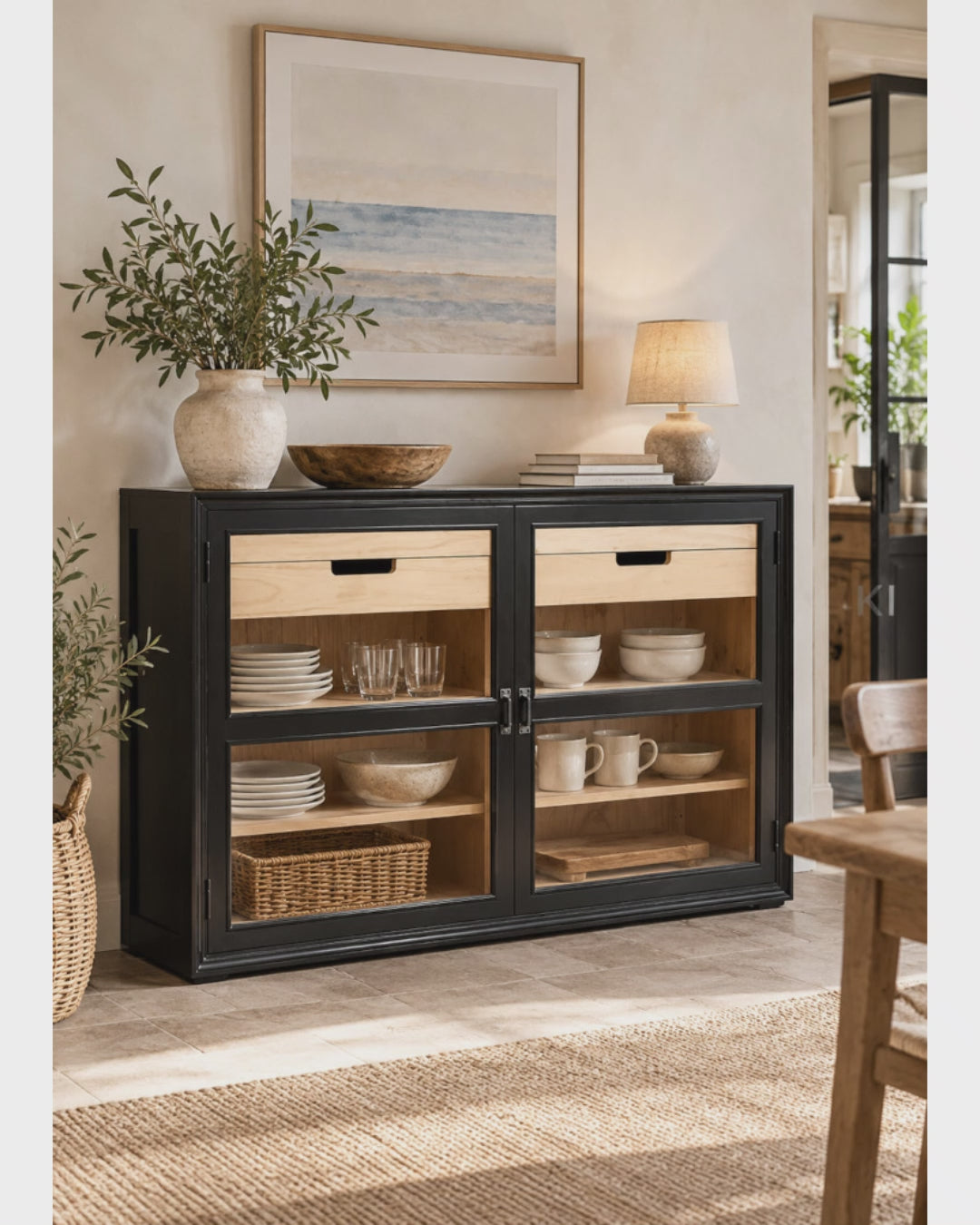 Schwarze Sideboard-Vitrine mit hellem Naturholz innen, 148 cm breit, ideal für Wohnzimmer und Esszimmer.