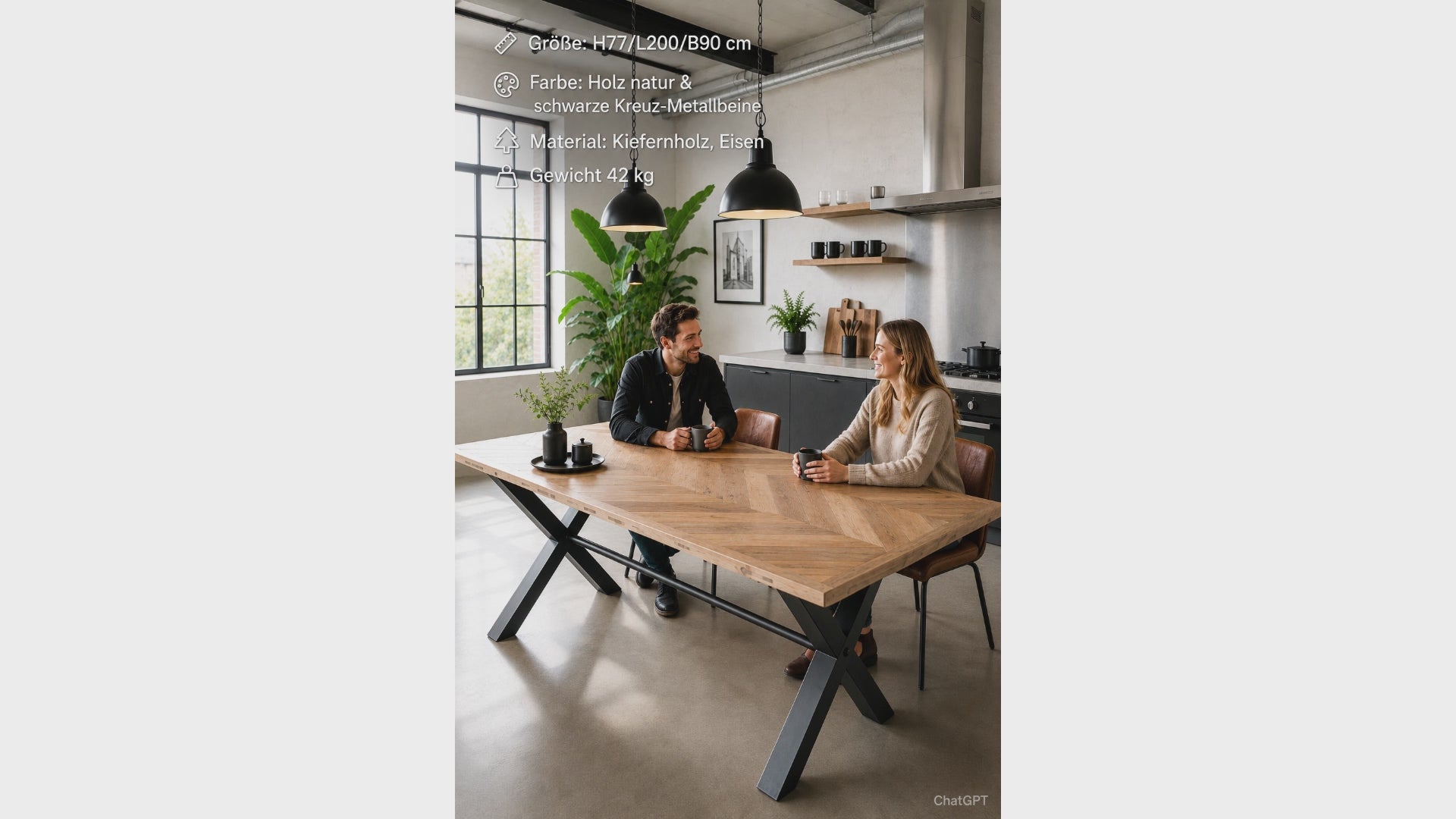 Moderner Esstisch 200 x 90 cm aus massivem Kiefernholz mit Parkettmuster und schwarzen Metallbeinen im skandinavischen Industrial Stil.