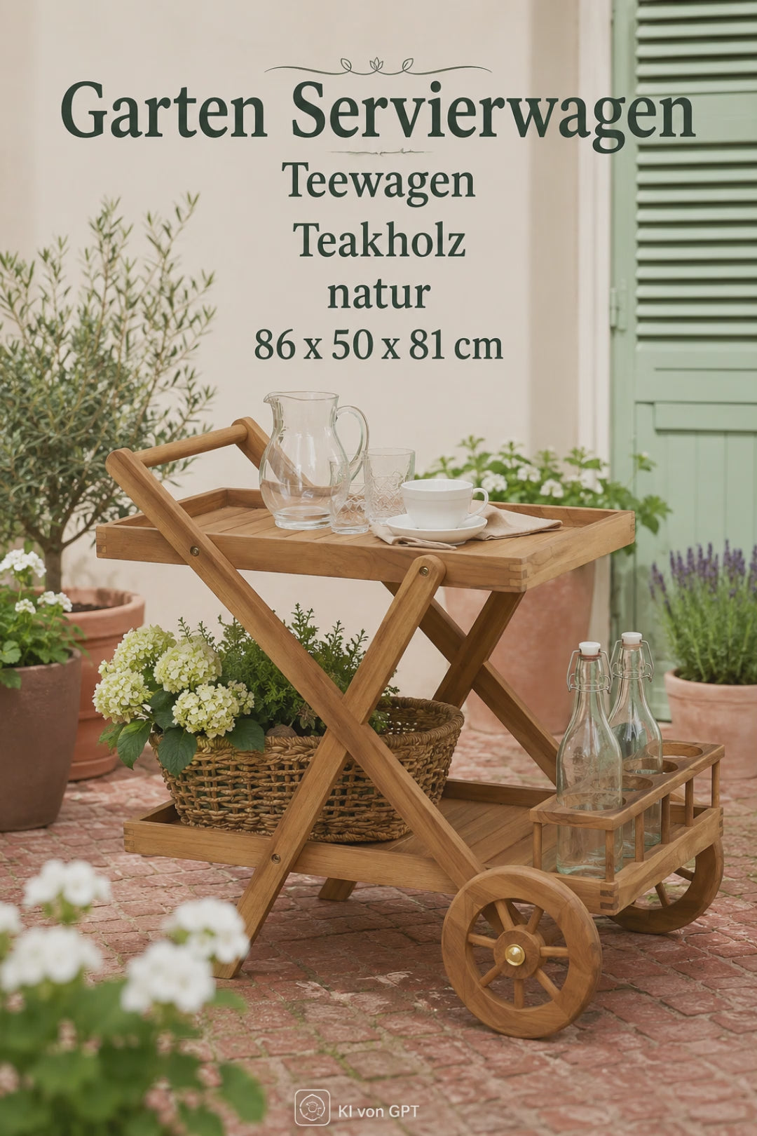Landhaus Garten Servierwagen aus Teakholz auf sonniger Terrasse mit Getränken und Blumen.