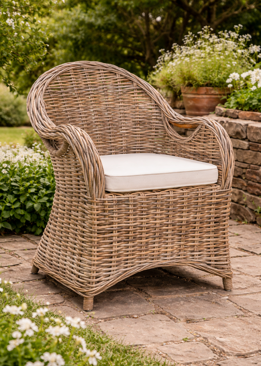 Rattan Gartensessel METTE mit weißem Kissen – Landhaus Balkon & Terrasse