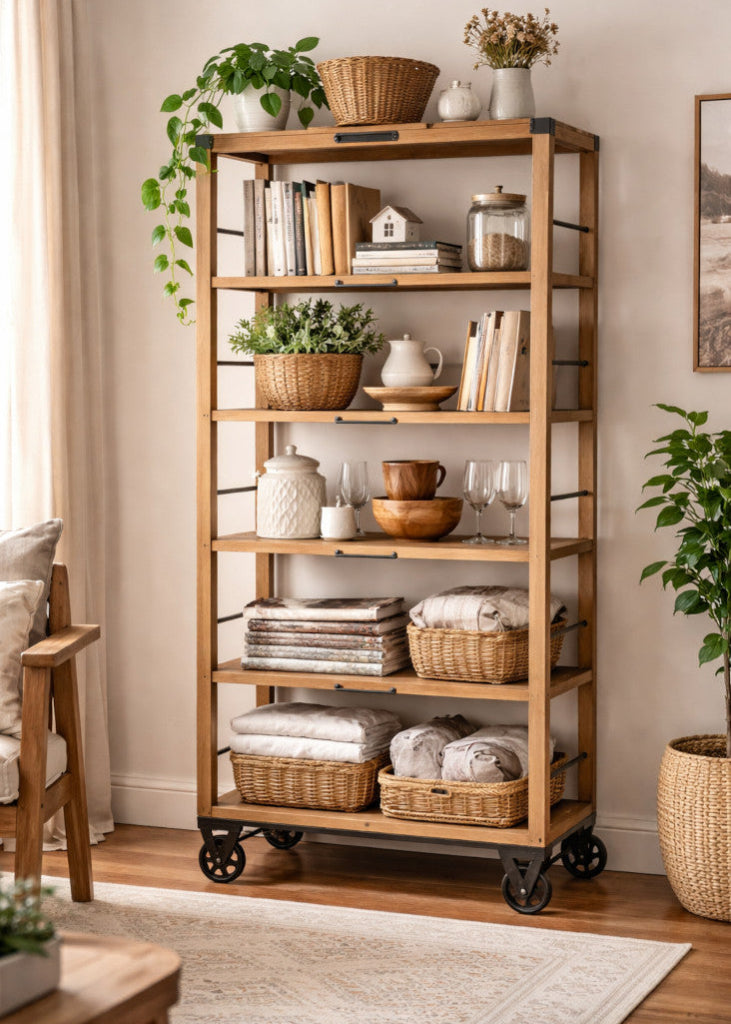 Holz Regal ANA auf Eisenrädern B 59,5 cm industriell
