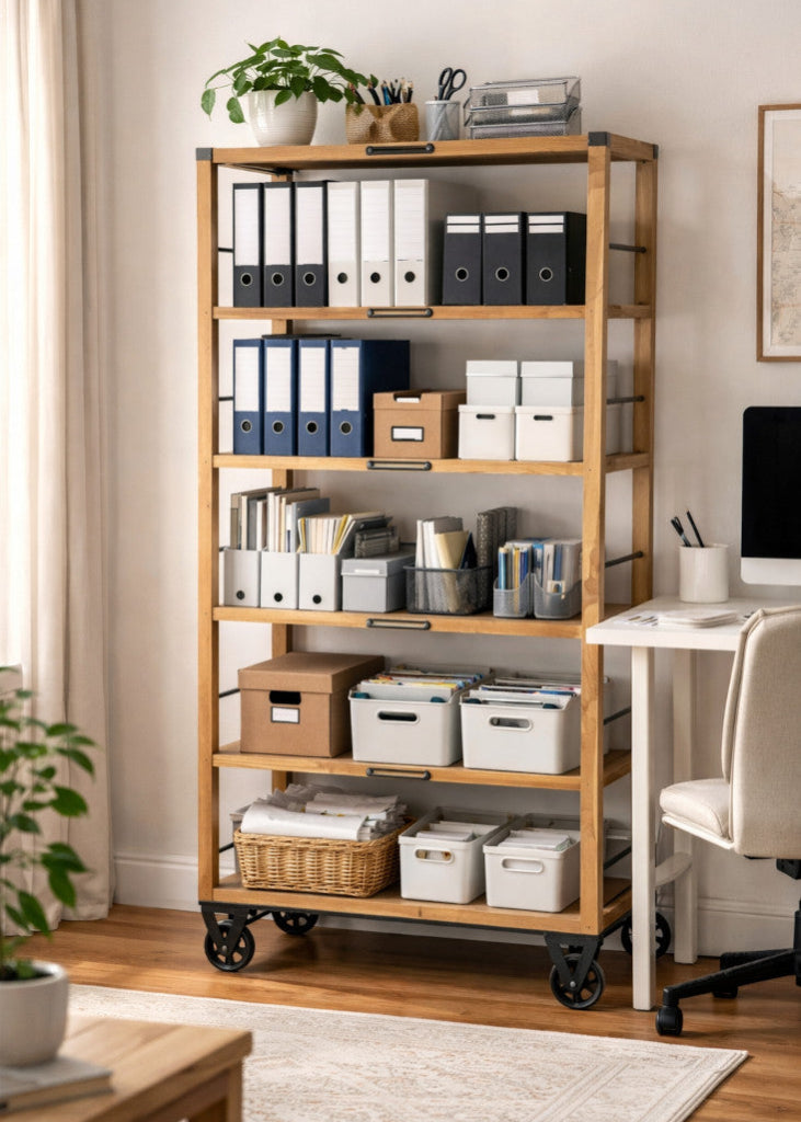 Holz Regal ANA auf Eisenrädern B 59,5 cm industriell