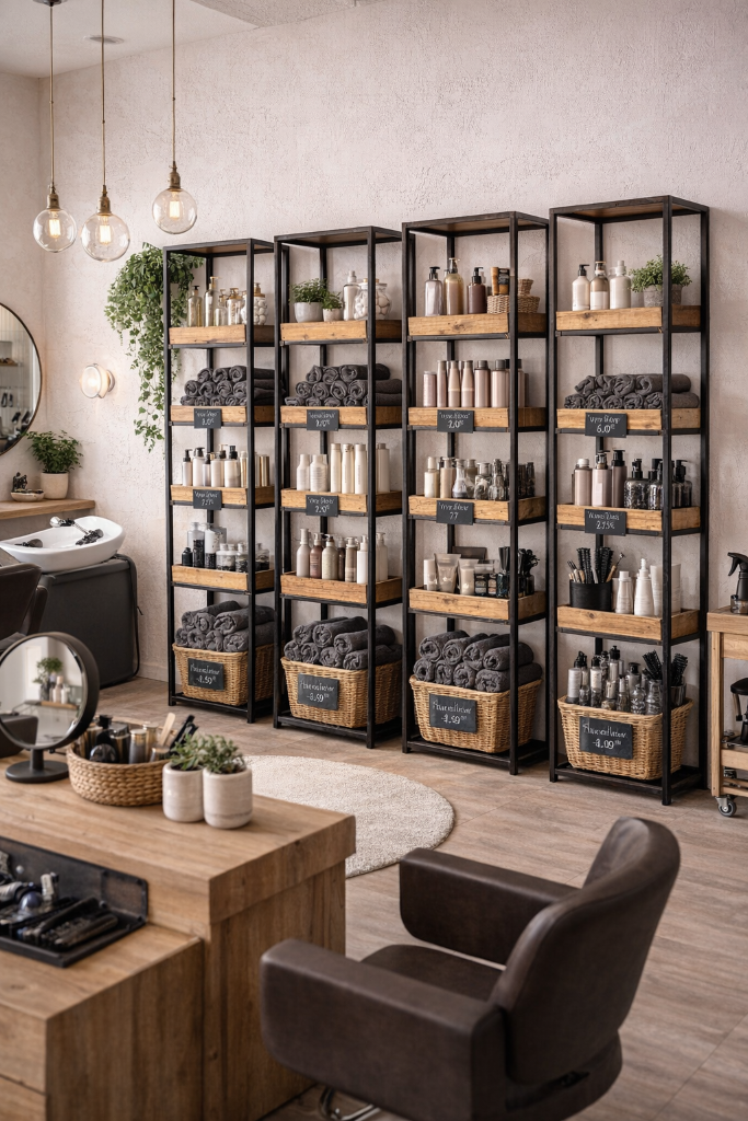 Industrial Regal aus Altholz  Eisen 178 cm hoch im Frisör-Salon  - Industriedesign Möbel