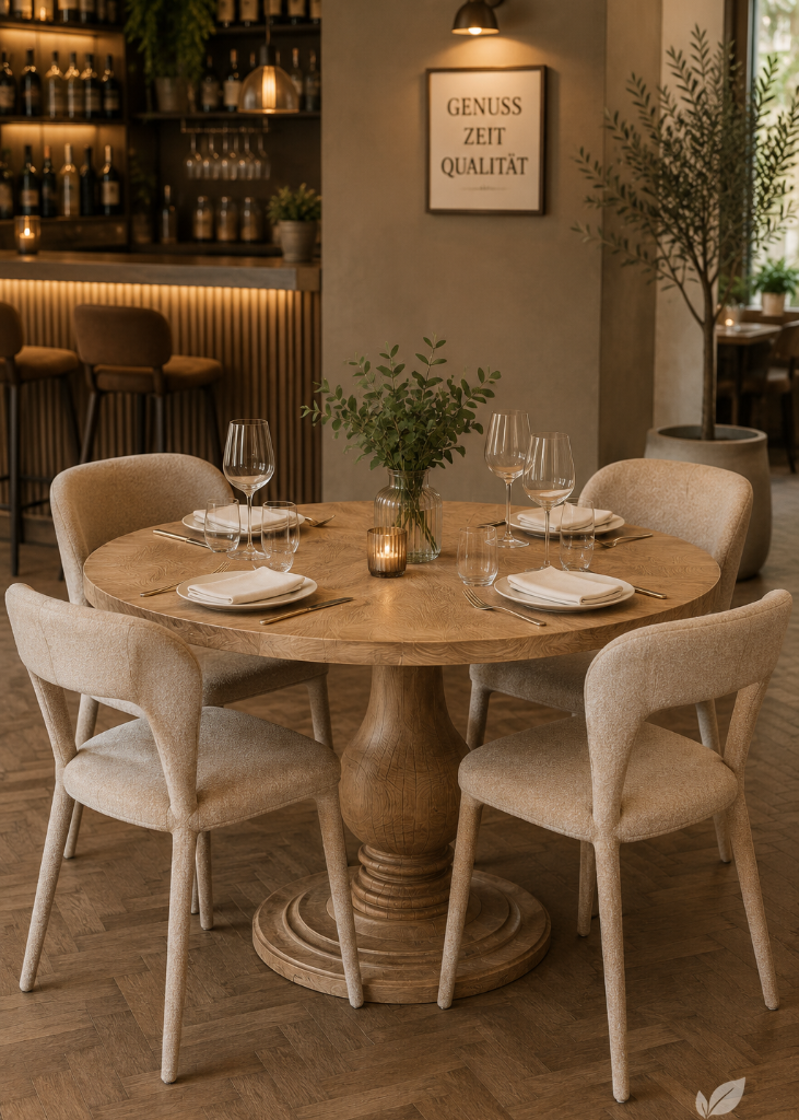 Runder Landhaus Esstisch Ø 120 cm aus massivem Mangoholz mit 4 gepolsterten Designstühlen im stilvollen Restaurant – ideal für Gastronomie, Hotel und Esszimmer.