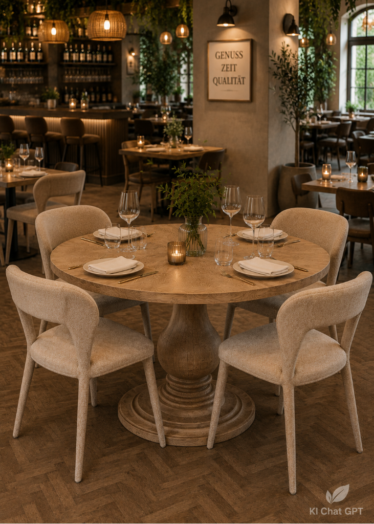 Massivholz Esstisch rund für 4 Personen mit beigen Polsterstühlen in modernem Restaurant-Ambiente – hochwertiger Landhausstil für Zuhause und Objekteinrichtung.
