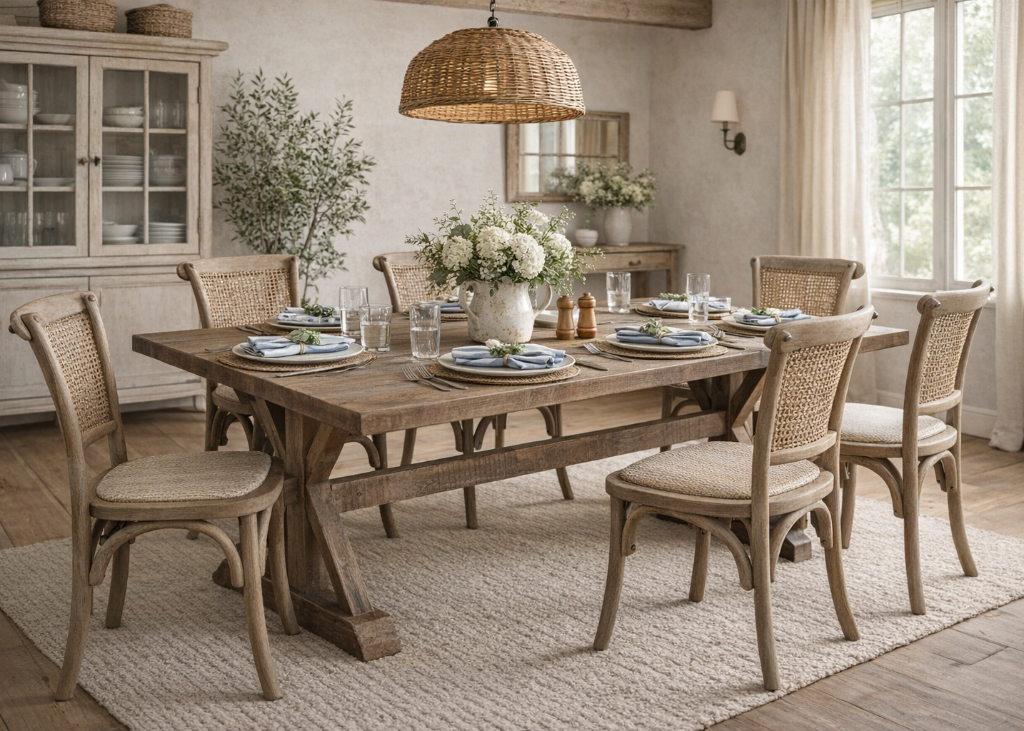 Esszimmerstühle 2er-Set mit Altholz Esstisch, rustikales Landhaus Esszimmer