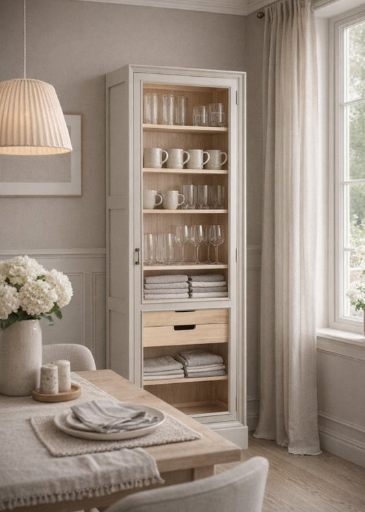 Schmale Landhaus Vitrine 1 Tür Holz grau-natur