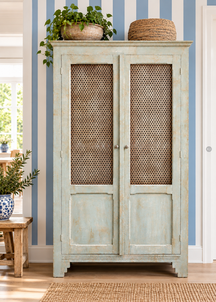 Antiker Schrank OPAL in zartem Opalblau mit zwei Türen und dekorativen Metallgitter-Einsätzen vor blau-weiß gestreifter Wand im Landhausstil. H 184 × B 113,5 × T 44,5 cm
