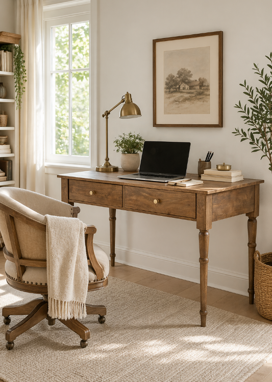 Hochwertiger Holzschreibtisch 127 cm breit mit elegantem Landhaus Look für Büro oder Arbeitszimmer