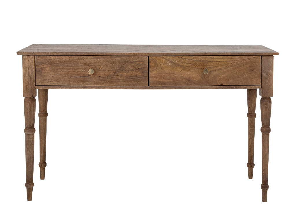 Eleganter Landhaus Schreibtisch aus naturbelassenem Mango-Holz mit zwei Schubladen und goldenen Griffen