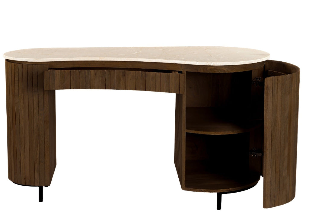 Designer Schreibtisch braun weiß mit ovaler Form und Marmorplatte
