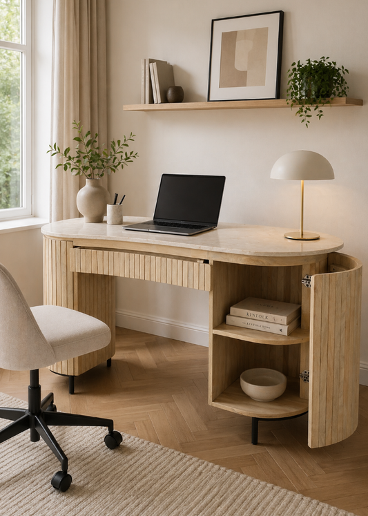 Design Schreibtisch aus Naturholz mit weißer Marmorplatte 136x60 cm für Homeoffice und Büro