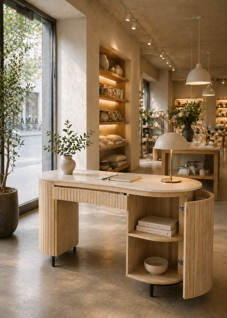 Luxus Schreibtisch Naturholz weißer Marmor mit Stauraum und ovaler Form