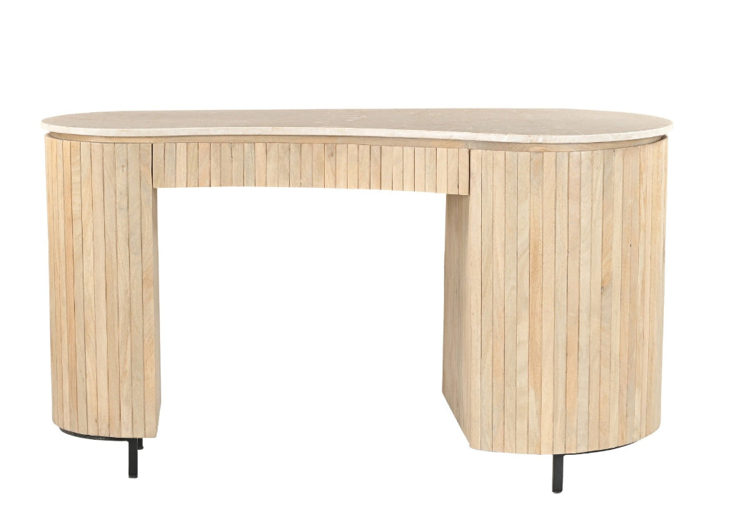 Stilvoller Bürotisch aus Holz mit echter Marmorplatte und runden Ecken