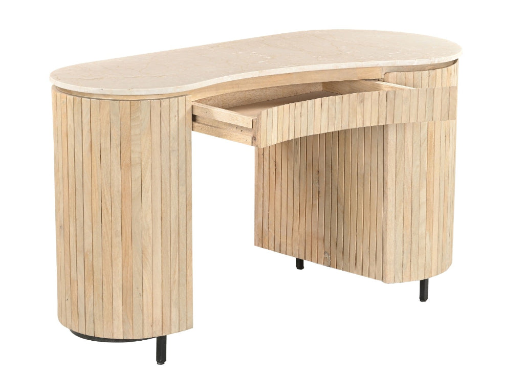 Exklusiver Homeoffice Schreibtisch 136 cm breit mit Holzlatten und Marmor