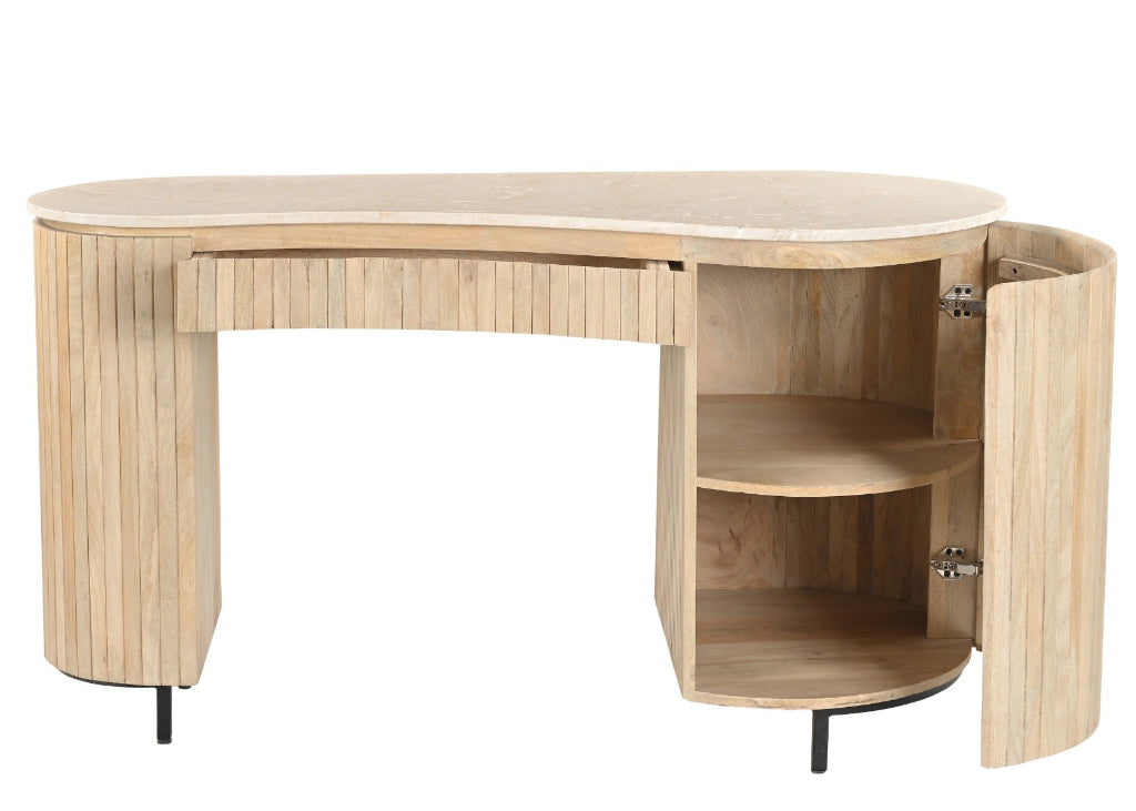 Designer Arbeitstisch aus hellem Holz mit Schublade und offenen Fächern