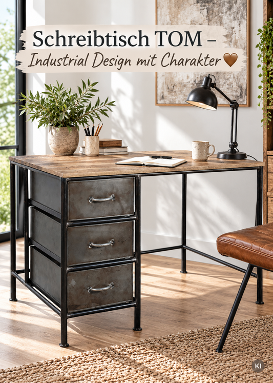 Schreibtisch TOM Industrial Design aus Mangoholz und Metall, B 100 cm, mit 3 Schubladen und natürlicher Holzplatte.