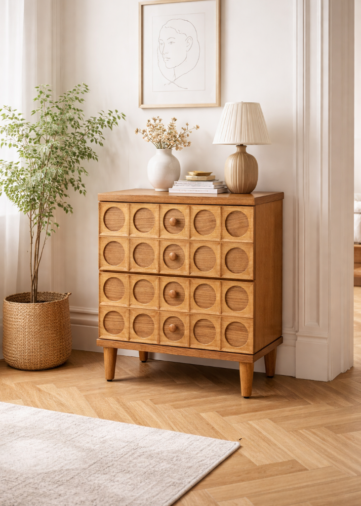 Kommode VELA braun Holz 2 Schubladen geometrisches Muster kleine Anrichte modern