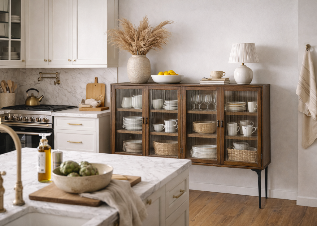Sideboard-Vitrine Holz natur - Riffelglastüren in der Küche