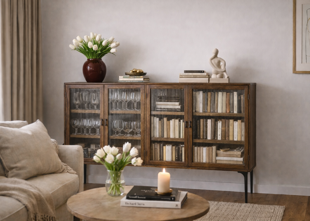 Sideboard-Vitrine Holz natur - Riffelglastüren im Wohnzimmer